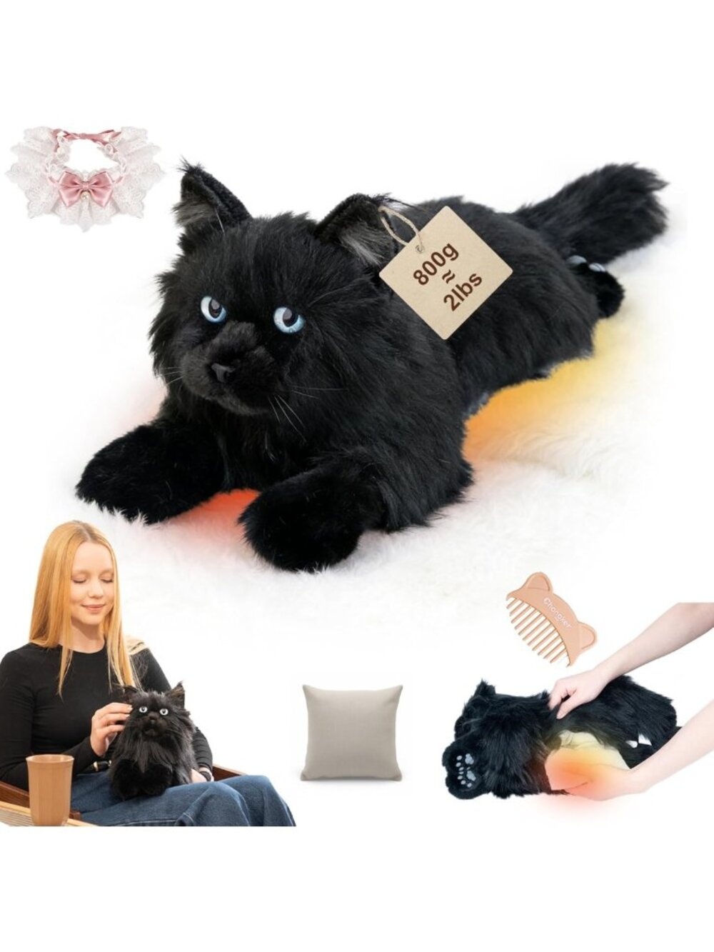 Microwavable Weighted Plush Cat Toy - 2 lbs Heated Stuffed Animal for Comfort